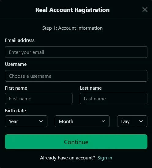 Step-by-step process of registering an account with form fields for details such as password, personal info, and contact