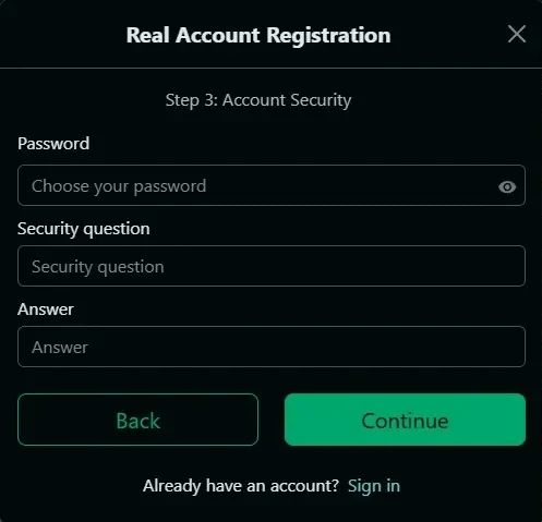 Step-by-step process of registering an account with form fields for details such as password, personal info, and contact