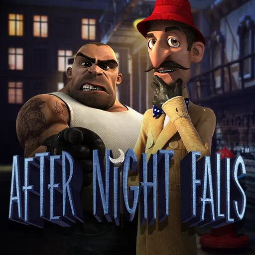 After Night Falls slot game with a noir detective theme, featuring characters in a mysterious nighttime setting