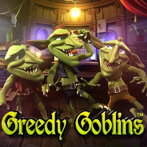 Greedy Goblins slot game with a fantasy theme, featuring goblins surrounded by treasure